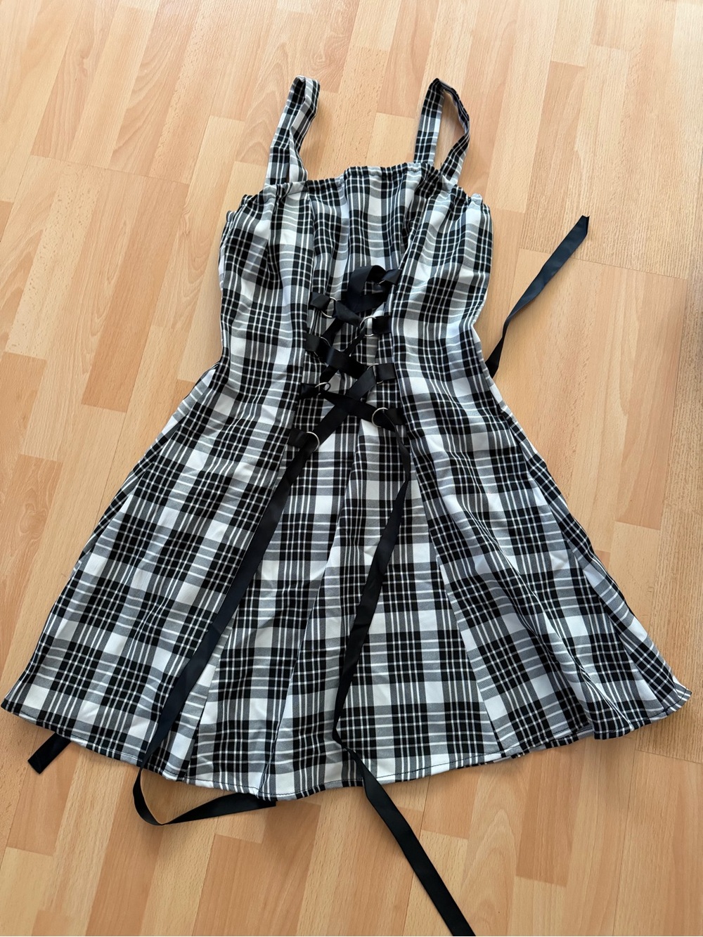 Black & White Plaid Dress with Ribbon Lace-Up